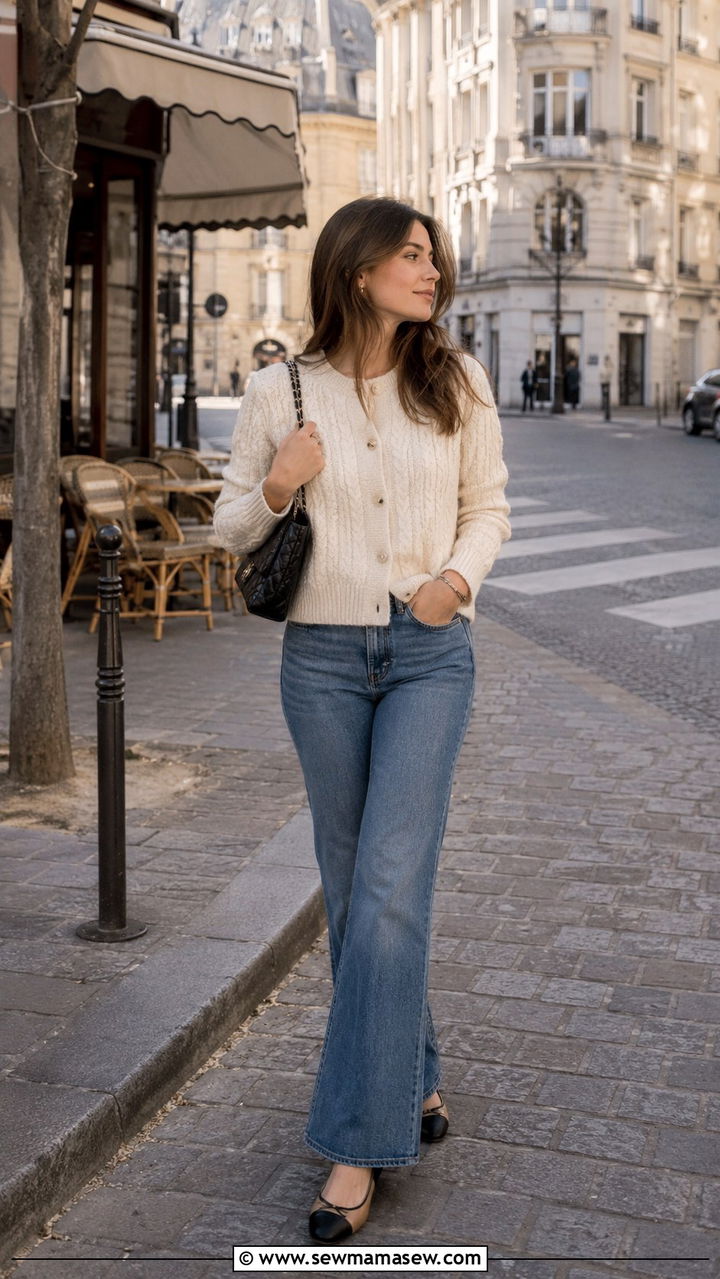 Cable Knit Cardigan With Flared Jeans - 30 Parisian spring outfits