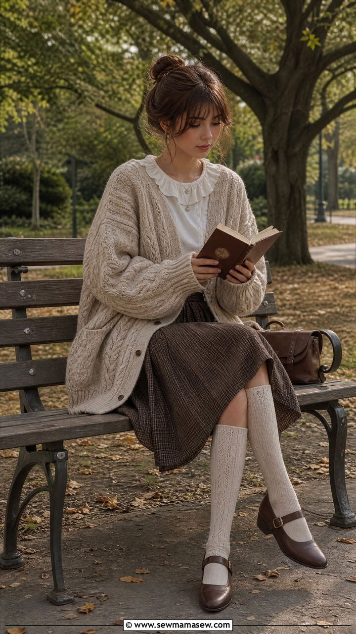 Cable Knit Cardigan With Ruffle Collar Tee And Pleated Skirt - 25 poetcore outfits inspo