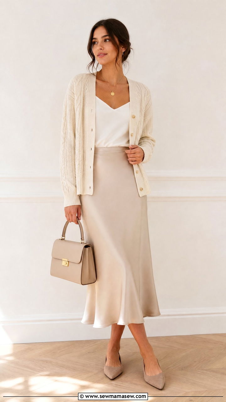 Cable Knit Cardigan With Silk Midi Skirt Outfit - 25 Ivy league outfit ideas 2026