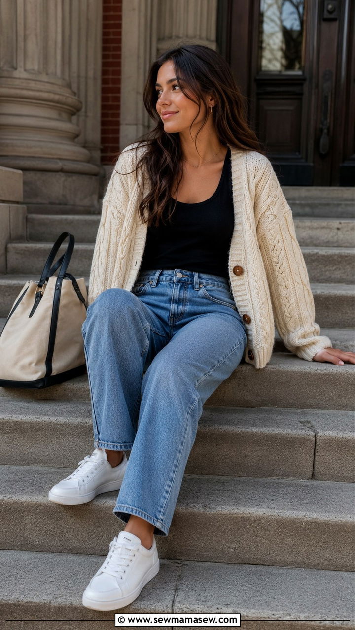 Cable Knit Cardigan With Tank Top and Jeans - 30 Rainy day school outfit ideas