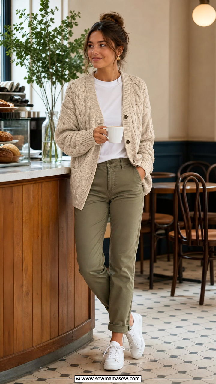 Cable Knit Cardigan With Tee And Chinos - 35 Ivy league outfit ideas