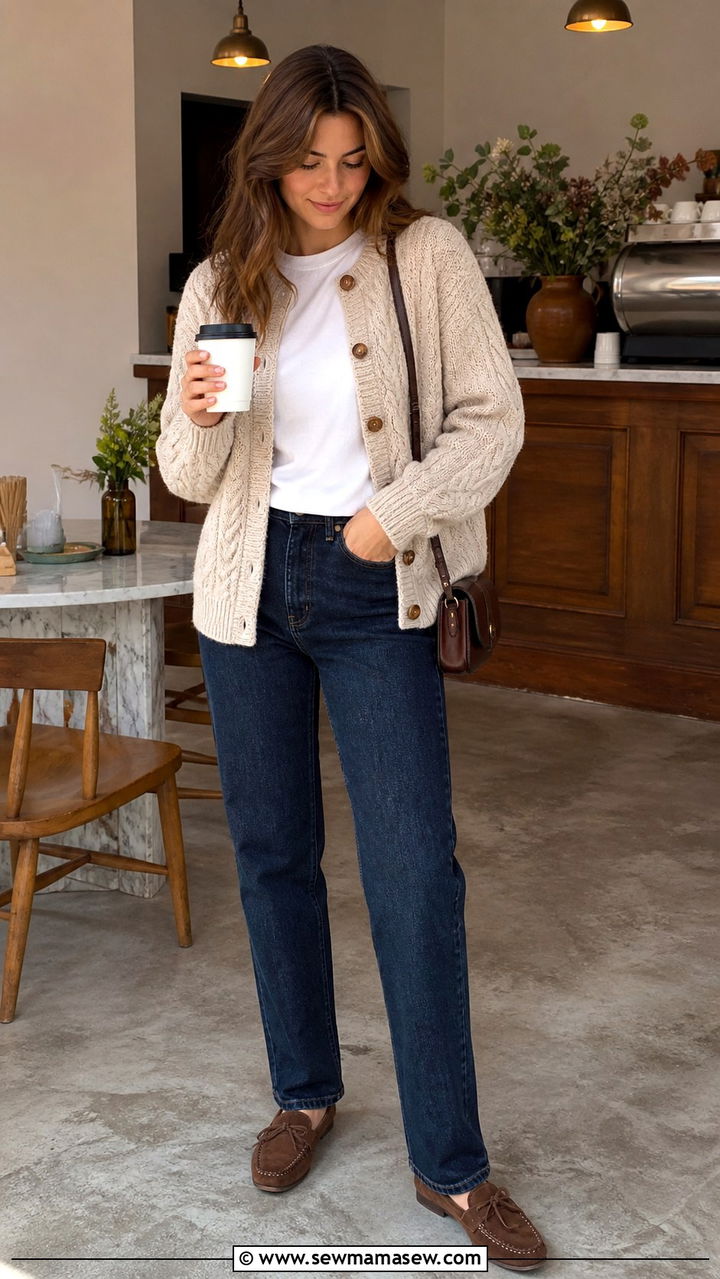 Cable Knit Cardigan With White Tee And Dark Denim - 40 old money outfits