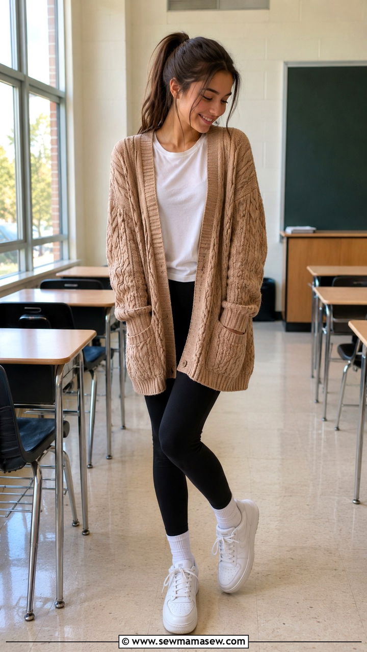 Cable Knit Cardigan and Black Leggings - 25 School uniform outfit ideas cute