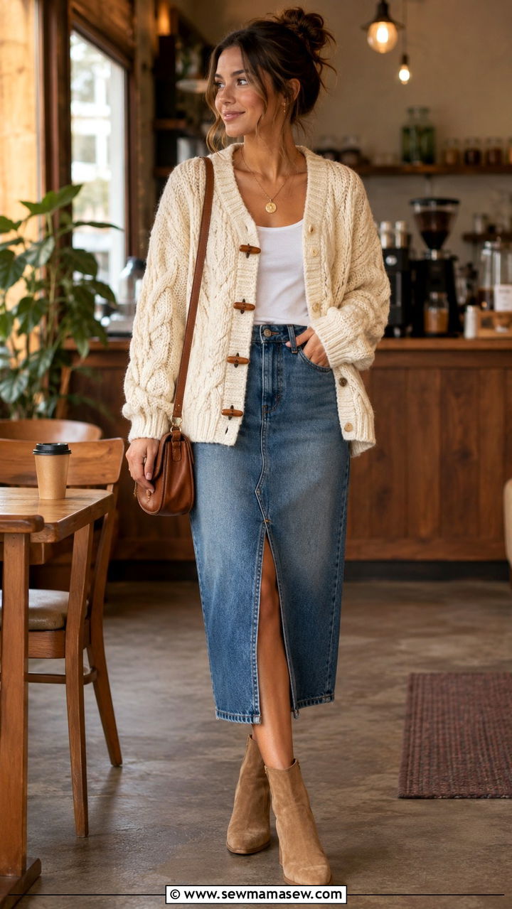 Cable Knit Cardigan and Denim Skirt - 30 casual back to school outfits
