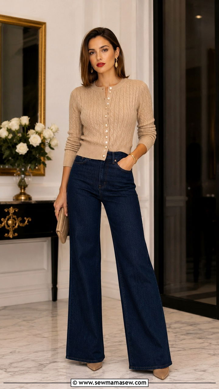 Cable Knit Cardigan and Wide Leg Jeans - 25 Old money outfit ideas with jeans