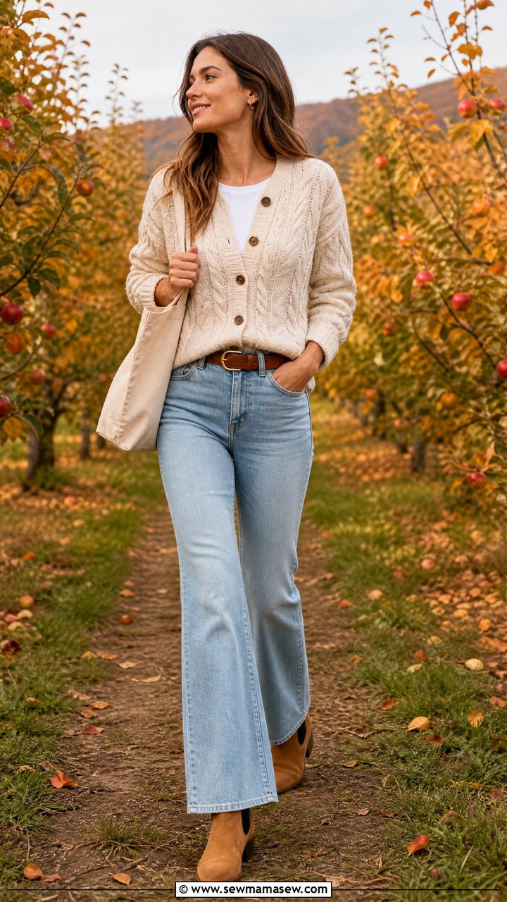 Cable Knit Cardigan with Flare Jeans and Chelsea Boots - 30 Flare jeans outfit ideas with a cardigan