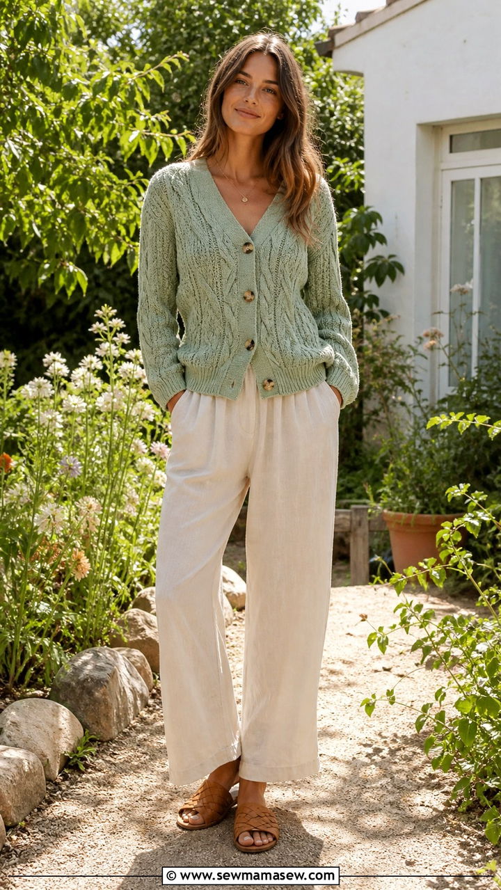 Cable Knit Cardigan with Linen Pants and Woven Slides - 40 casual cardigan outfits