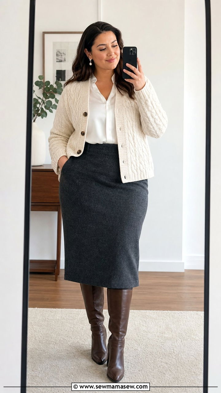 Cable Knit Cardigan with Midi Skirt - 35 Business casual outfits plus size