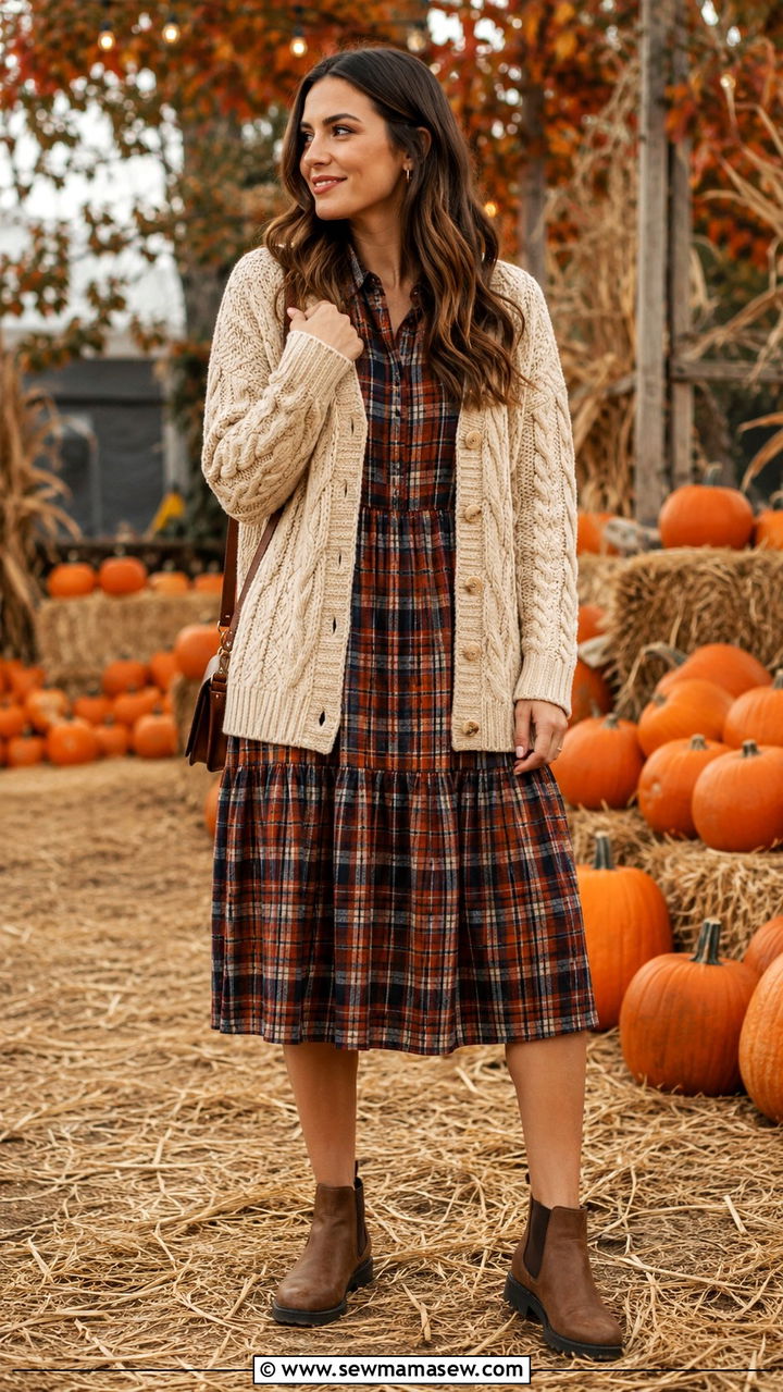 Cable Knit Cardigan with Plaid Midi Dress and Chelsea Boots - 30 Midi dress outfit ideas with a cardigan