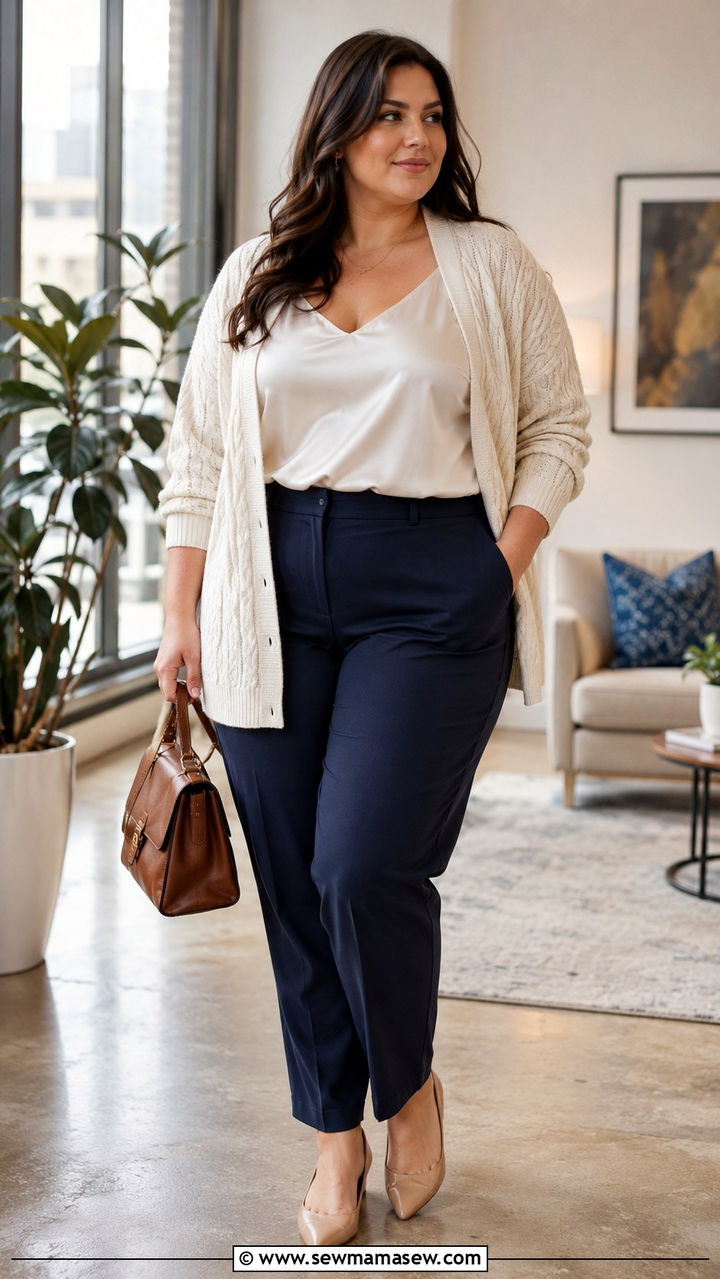 Cable Knit Cardigan with Tailored Trousers - 30 Plus size corporate outfit ideas
