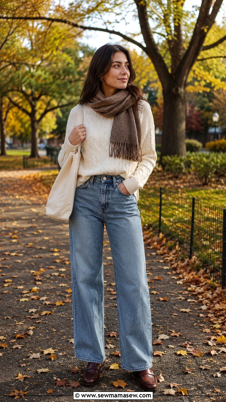 Cable Knit Crewneck And Wide Leg Jeans With Loafers - 25 Wide leg jeans outfit ideas with loafers