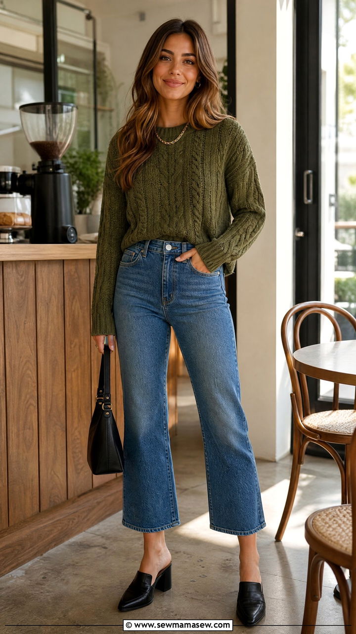 Cable Knit Crewneck Sweater With Cropped Flare Jeans And Mules - 30 Flare jeans outfit ideas with a sweater