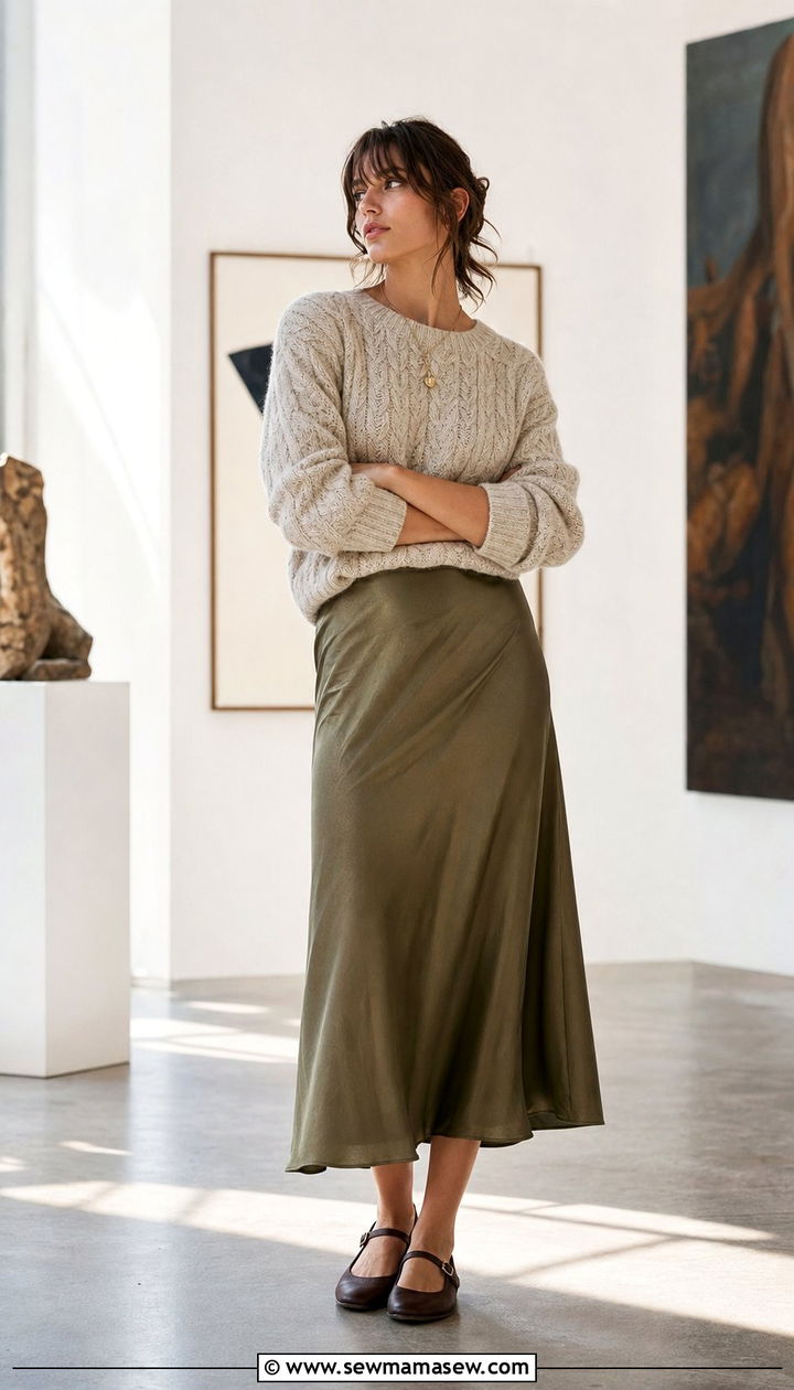 Cable Knit Crewneck Sweater With Silk Midi Skirt and Mary Janes - 25 Eclectic grandpa outfit ideas