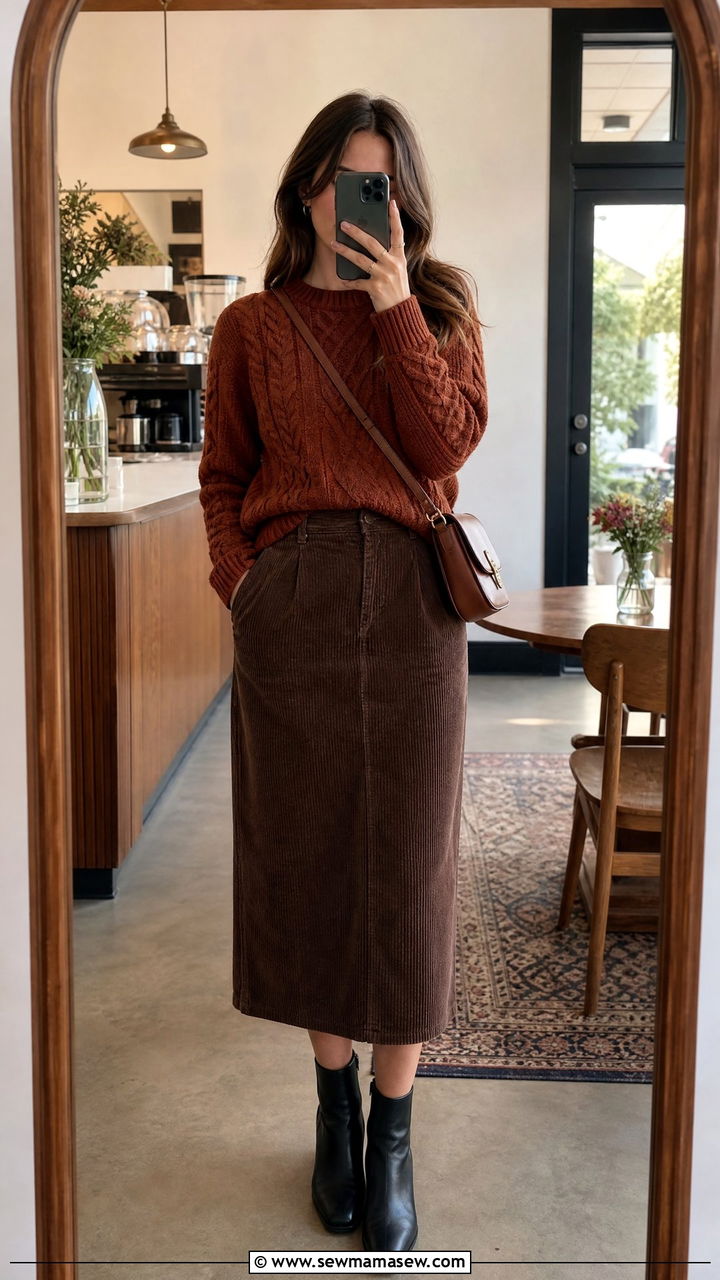 Cable Knit Crewneck With Corduroy Midi Skirt And Ankle Boots - 35 Ivy league outfit ideas