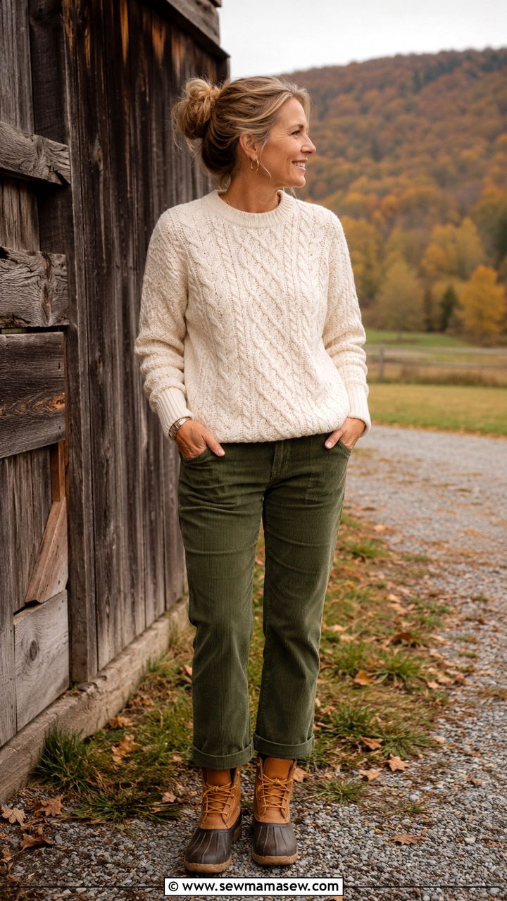 Cable Knit Crewneck with Straight Leg Corduroys and Duck Boots - 25 preppy outfit ideas for women over 40