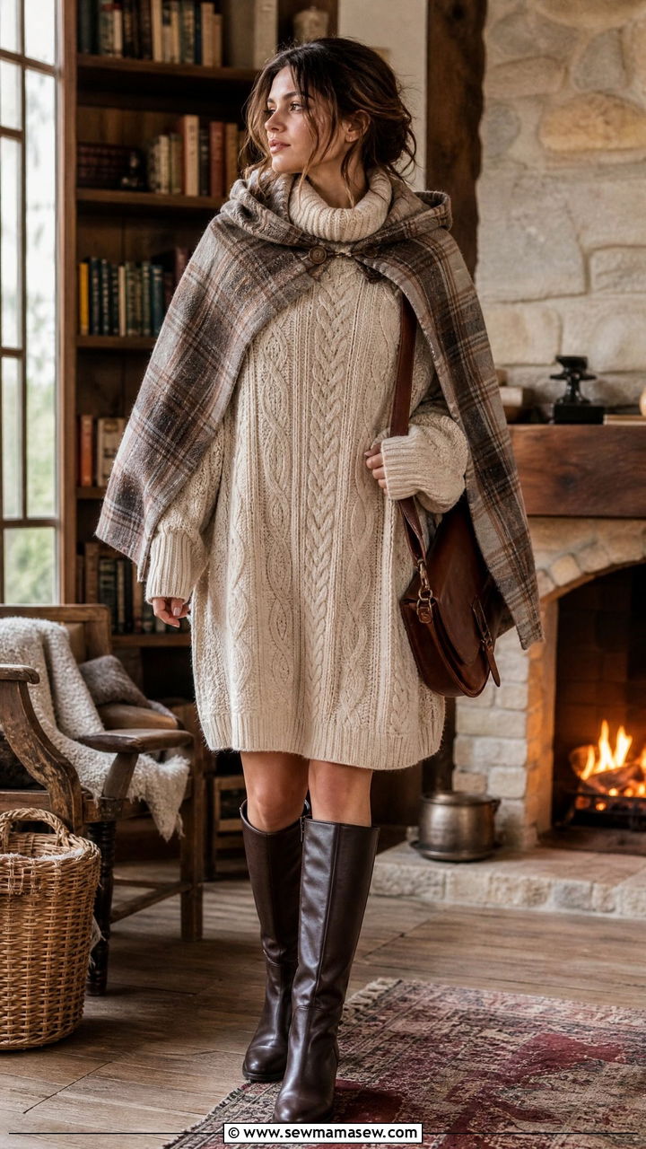 Cable Knit Dress With Scarf Cape And Knee High Boots Outfit - 20 cute poetcore outfits