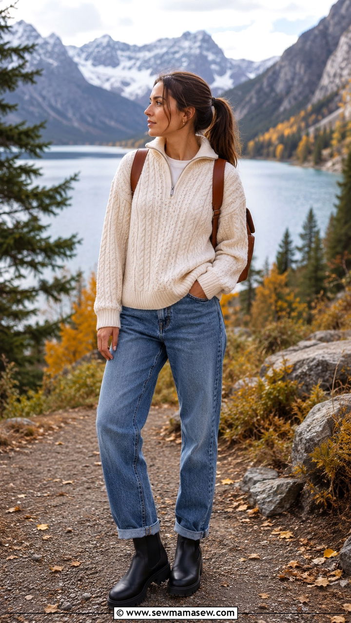 Cable Knit Half Zip with Relaxed Jeans and Chelsea Boots - 30 Oversized sweater with jeans outfit ideas