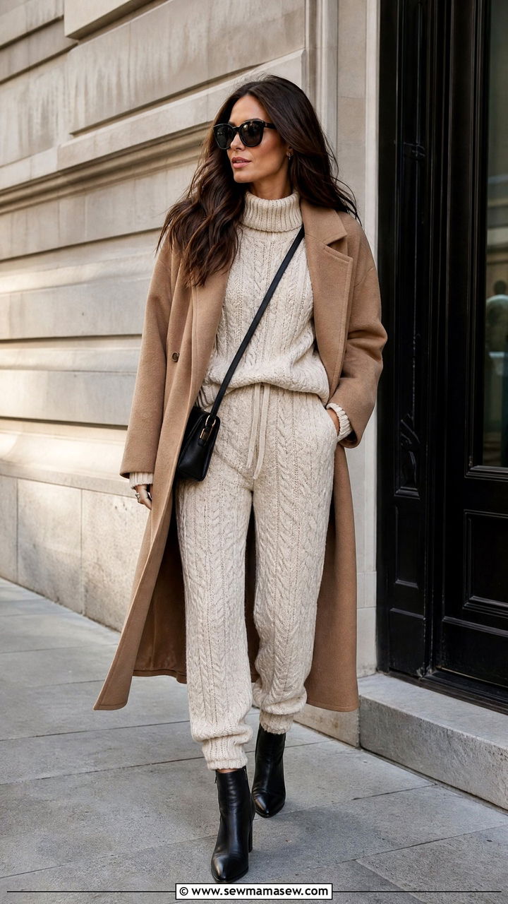 Cable Knit Lounge Set with Ankle Boots - 25 Knit loungewear set outfit ideas