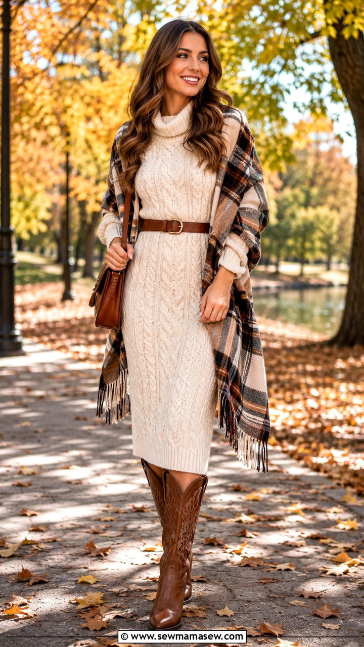 Cable Knit Midi Sweater Dress With Tall Cowboy Boots - 25 Western outfit ideas with dress