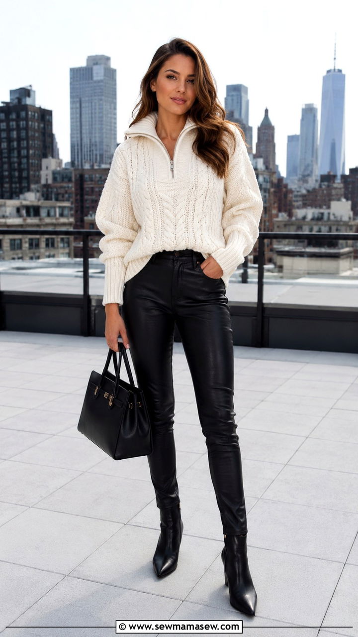 Cable Knit Quarter Zip With Leather Pants Outfit - 25 Quarter zip outfit ideas preppy