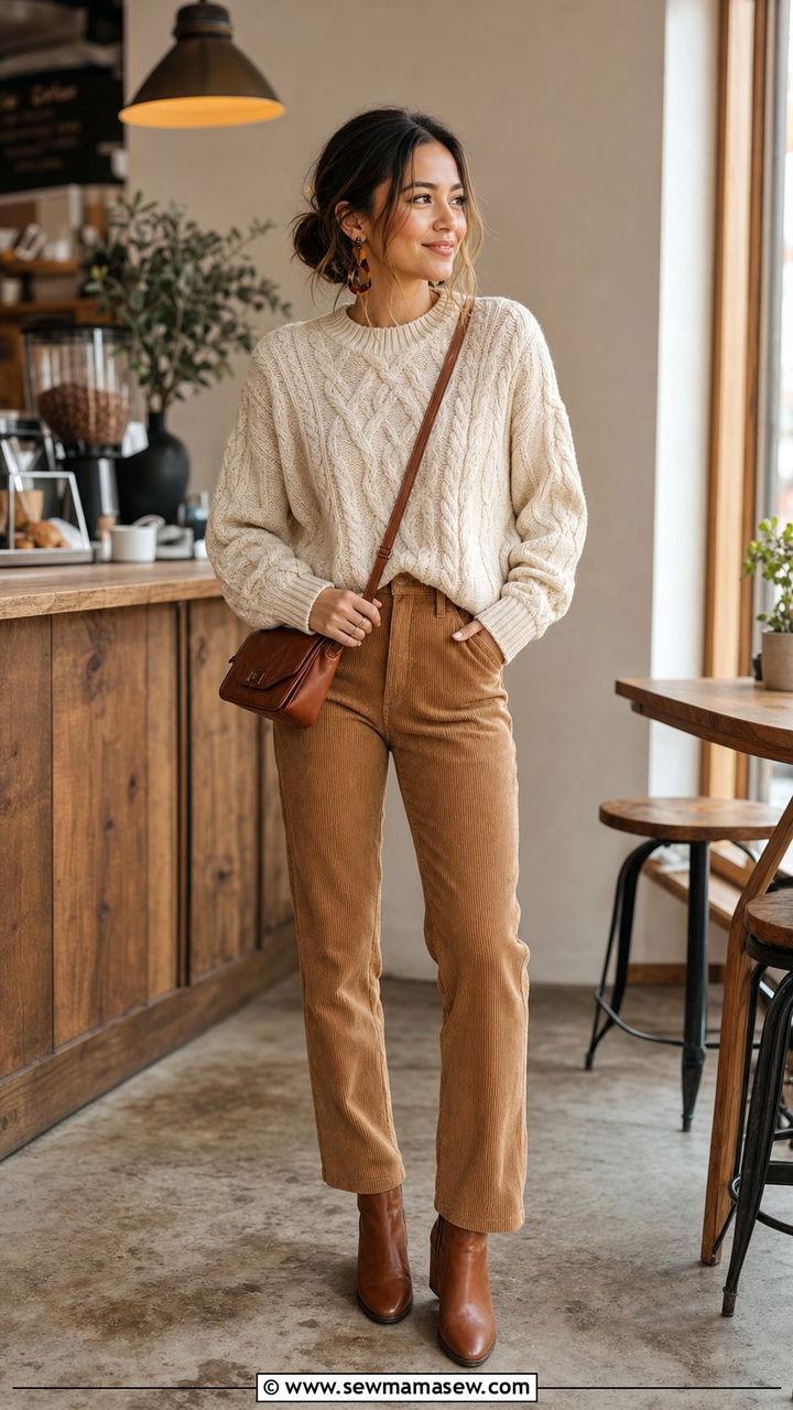 Cable Knit Sweater And Corduroy Pants Brunch Look - 35 Brunch outfits for petite women