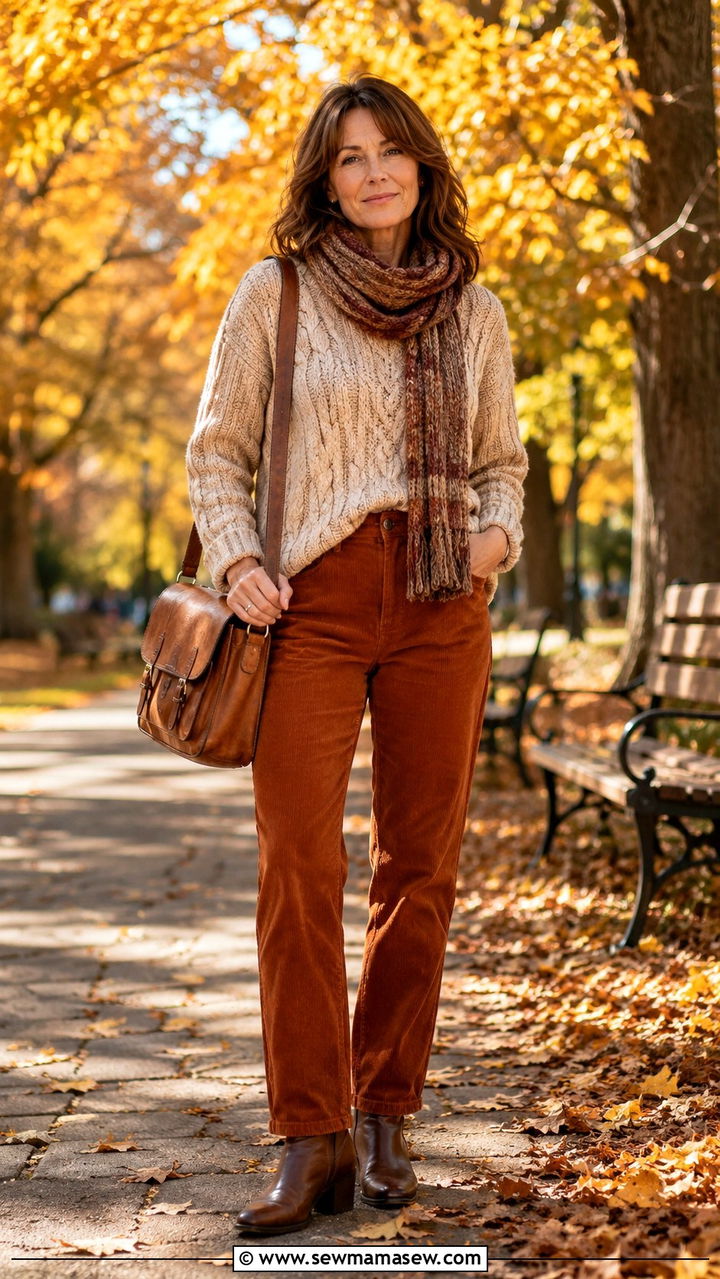Cable Knit Sweater And Corduroy Pants Outfit - 30 Outfit ideas for Gen X women