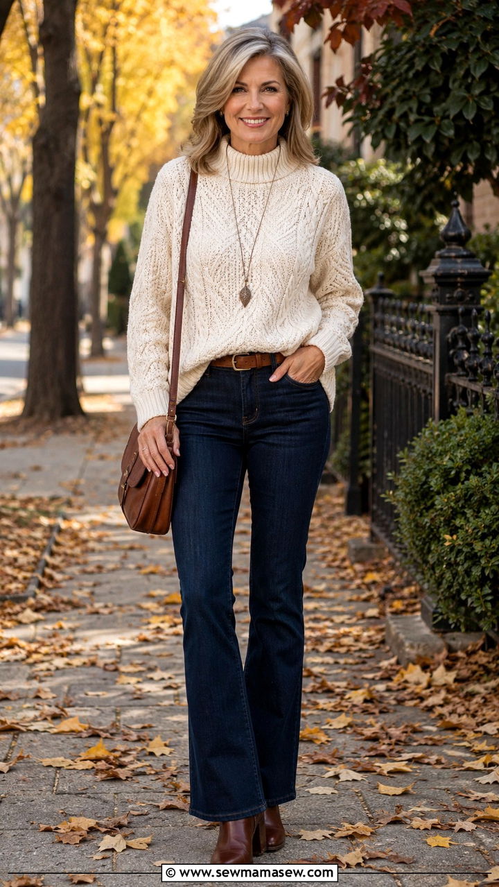 Cable Knit Sweater And Dark Denim Over 50 Outfit - 30 Outfit ideas for women over 50 school drop off