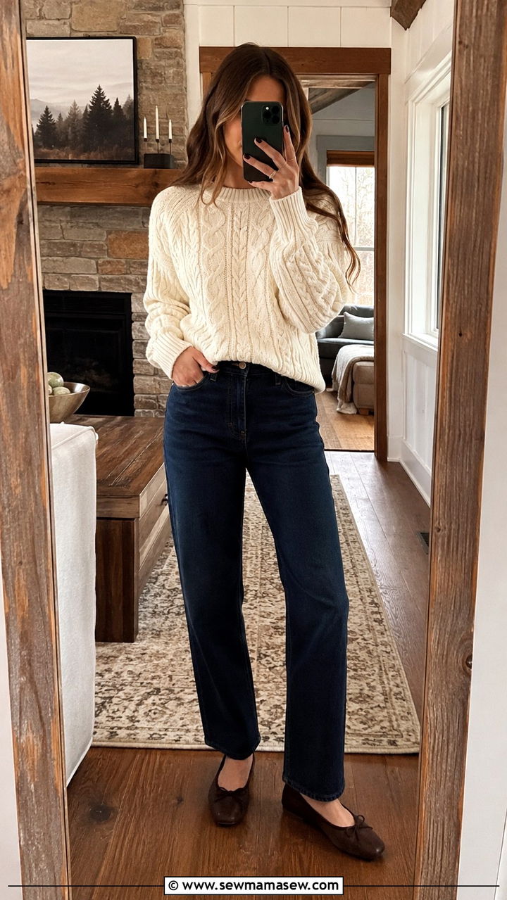Cable Knit Sweater And Dark Denim With Ballet Flats - 25 Old money outfit ideas with ballet flats