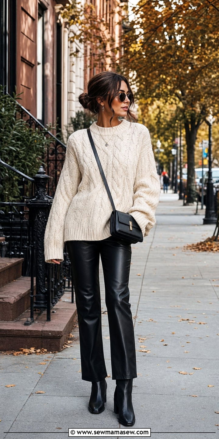 Cable Knit Sweater And Faux Leather Pants - 35 Casual brunch outfits