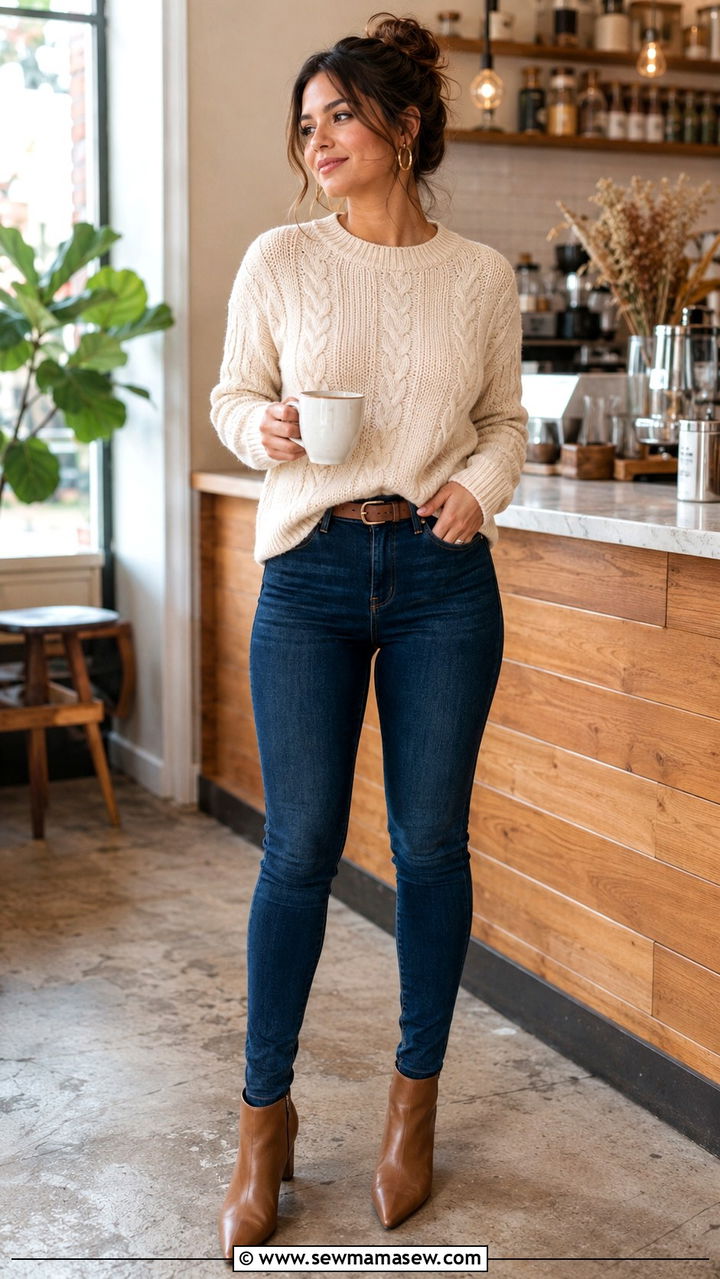 Cable Knit Sweater And High Rise Skinny Jeans Outfit - 30 Petite curvy outfit ideas