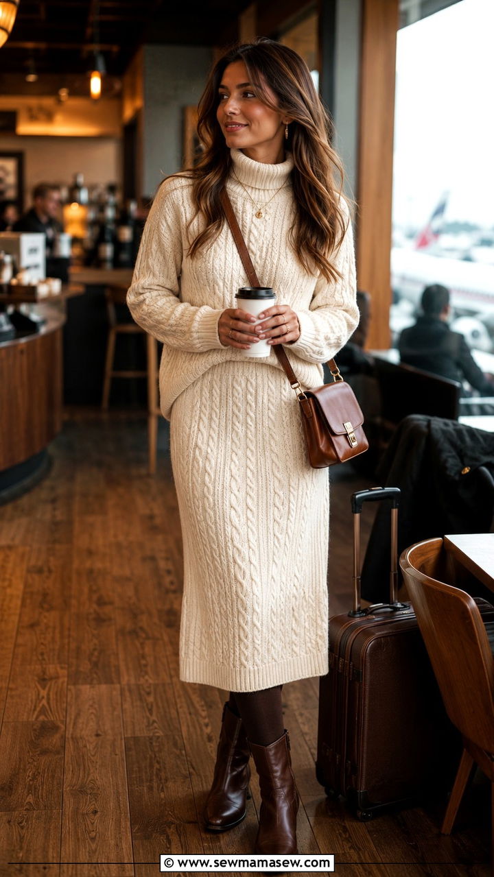 Cable Knit Sweater And Midi Skirt Set Airport Look - 25 Airport outfit ideas with matching set