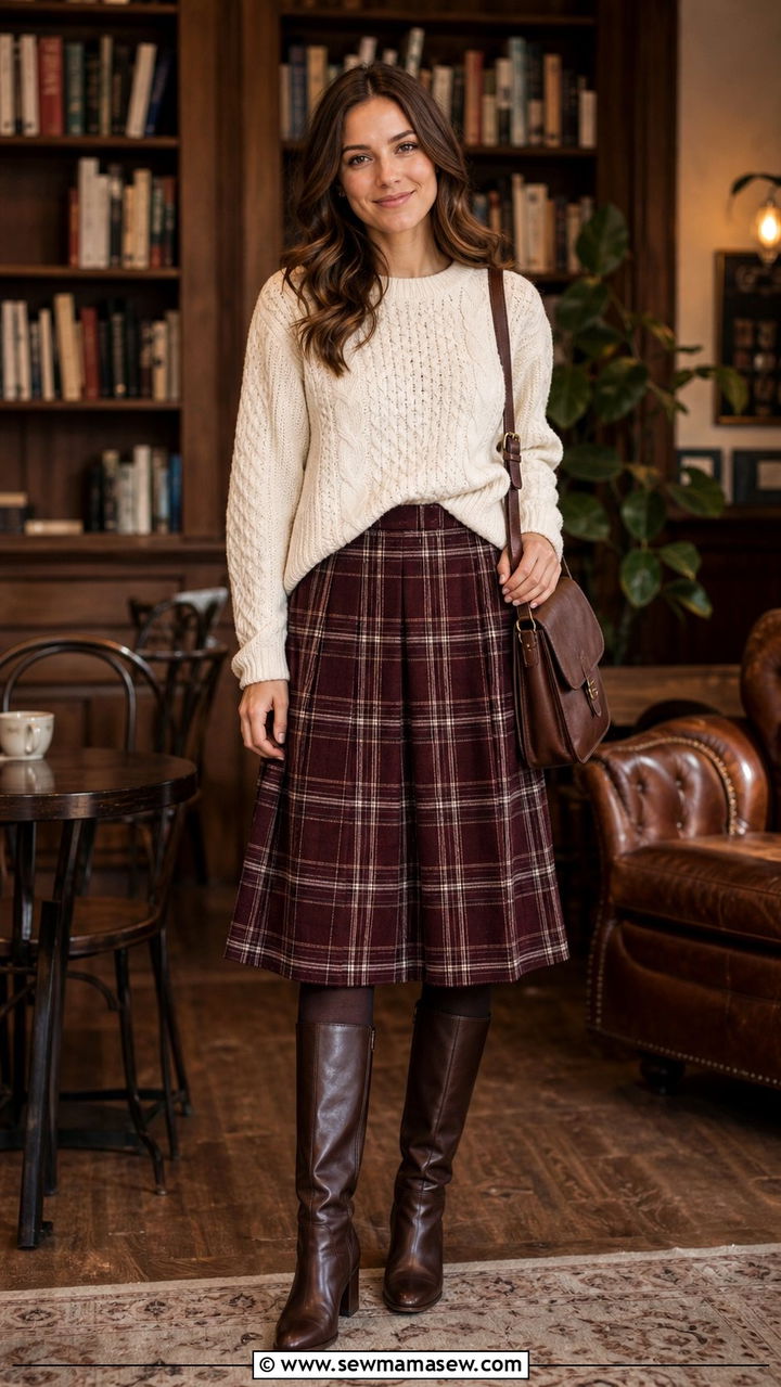 Cable Knit Sweater And Plaid Skirt Book Club Outfit - 35 Book club outfit ideas