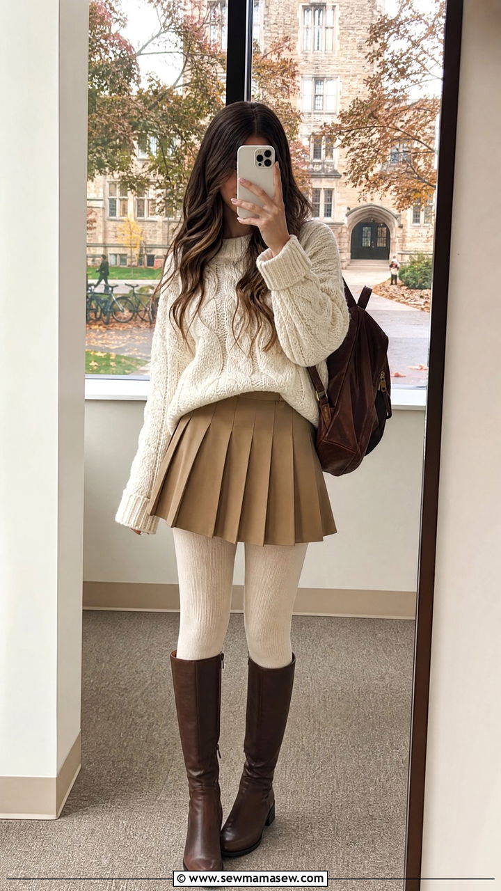 Cable Knit Sweater And Pleated Mini Skirt Outfit - 25 light academia outfits 2026