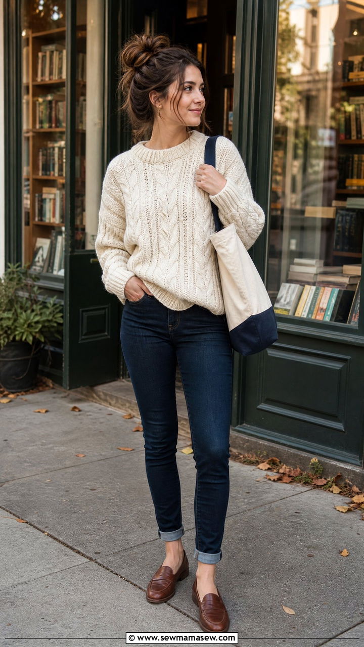 Cable Knit Sweater And Skinny Jeans - 30 Cozy reading outfit ideas