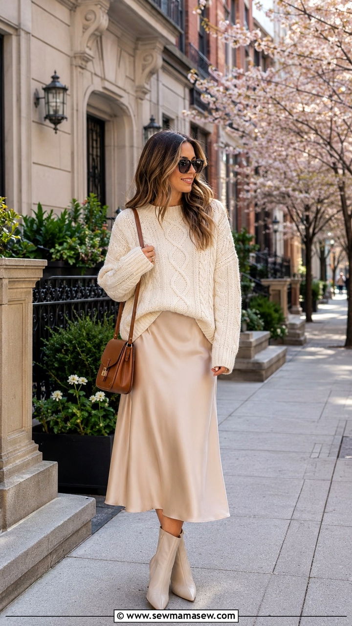 Cable Knit Sweater And Slip Skirt Travel Ensemble - 25 seasonal travel outfit ideas