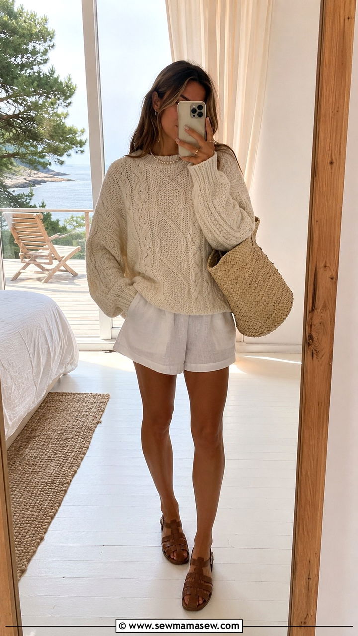 Cable Knit Sweater And White Linen Shorts Outfit - 20 cute coastal grandmother outfits