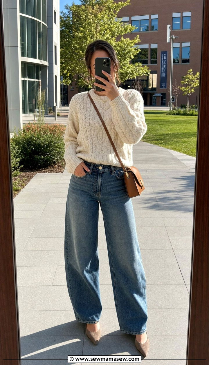 Cable Knit Sweater Barrel Leg Jeans Outfit - 25 college outfits aesthetic