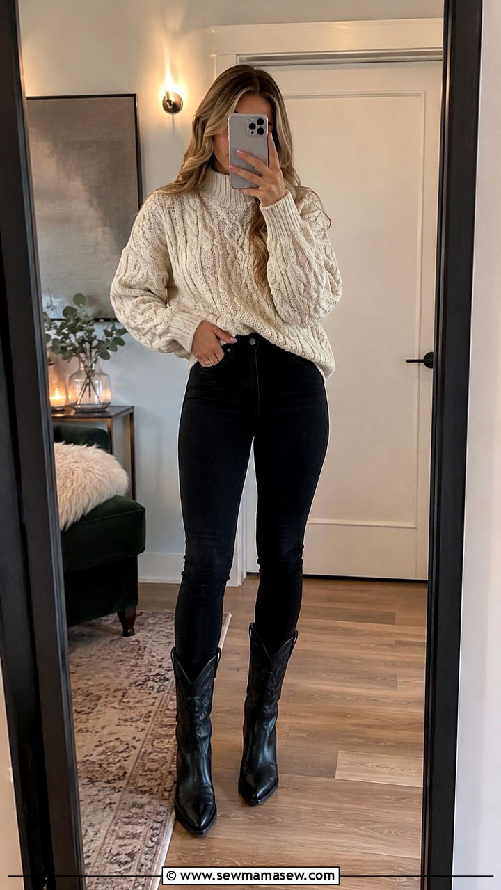 Cable Knit Sweater Black Denim Western Boots - 25 Zach Bryan concert outfit ideas
