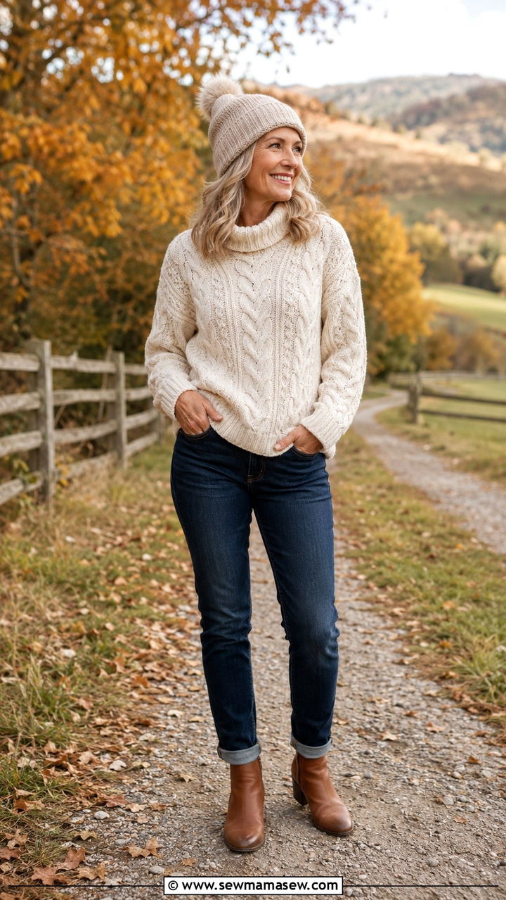Cable Knit Sweater Dark Denim - 30 Cute outfits for women over 50