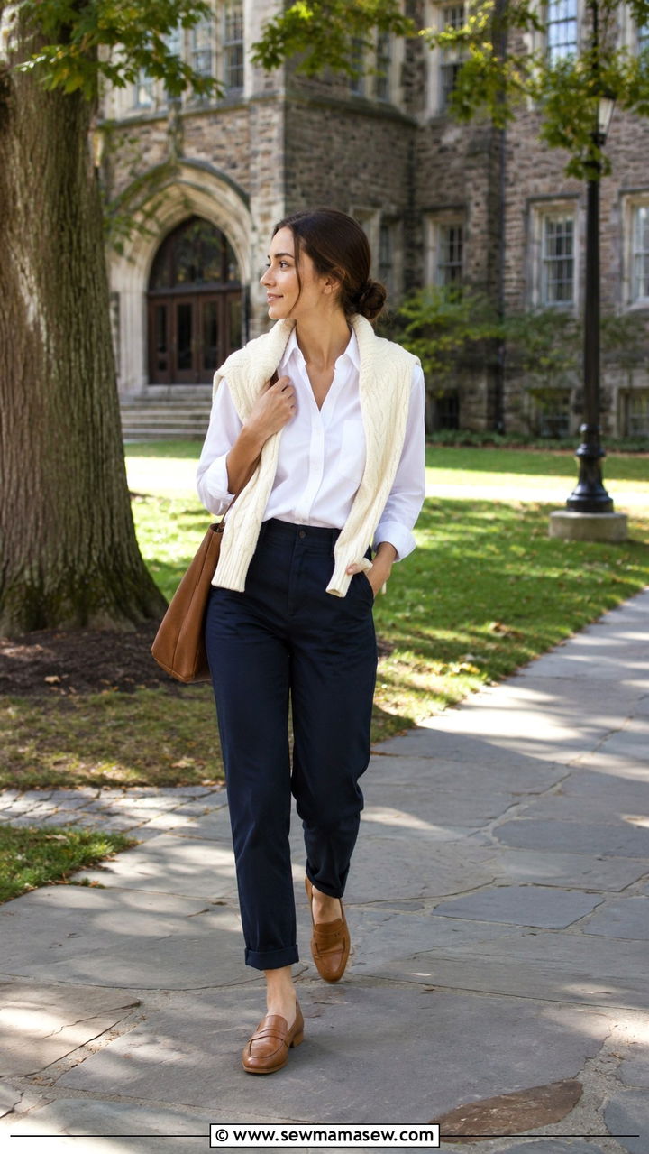 Cable Knit Sweater Draped Over Shoulders With Button Down - 30 Old money outfits for petite women