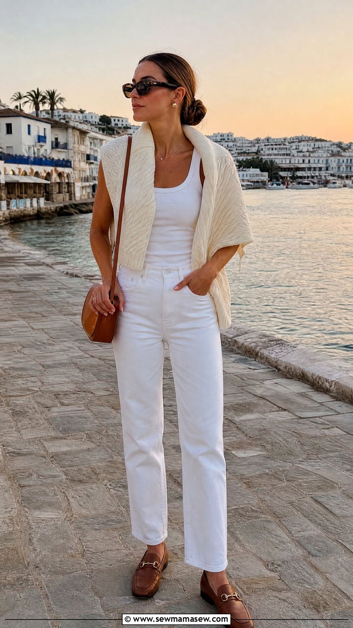 Cable Knit Sweater Draped Over Shoulders with Jeans Outfit - 30 summer old money outfit ideas
