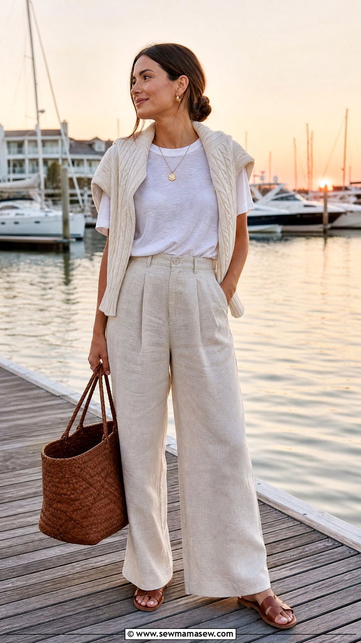 Cable Knit Sweater Draped over Shoulders with Linen Trousers - 30 Coastal grandmother summer outfits