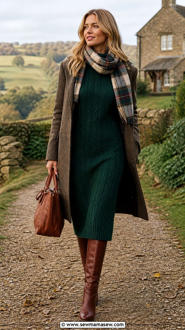Cable Knit Sweater Dress With Leather Boots - 40 sweater dress outfit ideas