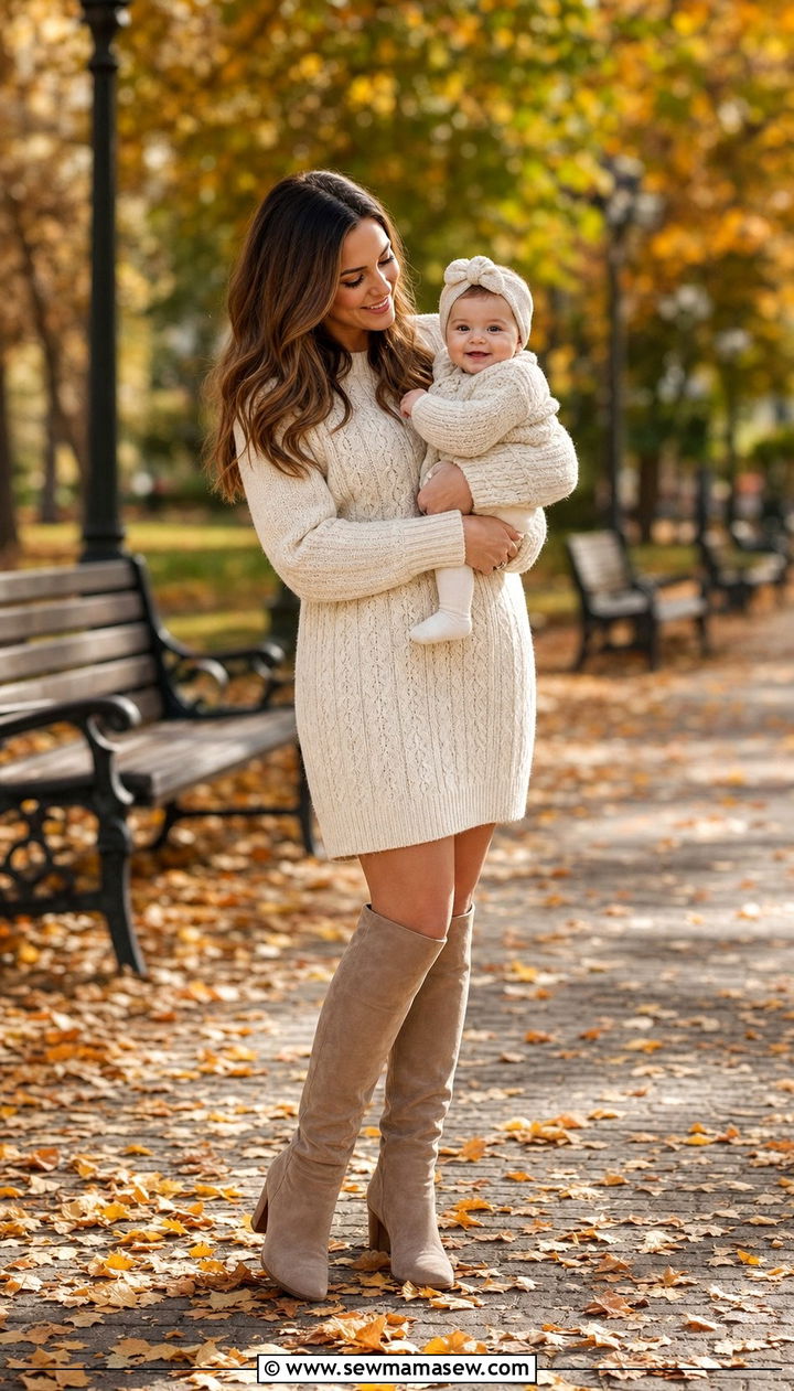 Cable Knit Sweater Dress with Knee High Boots - 25 classy outfits for new moms