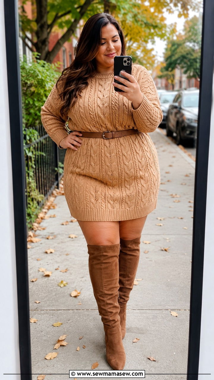 Cable Knit Sweater Dress with Knee High Boots - 30 Plus size birthday outfit ideas