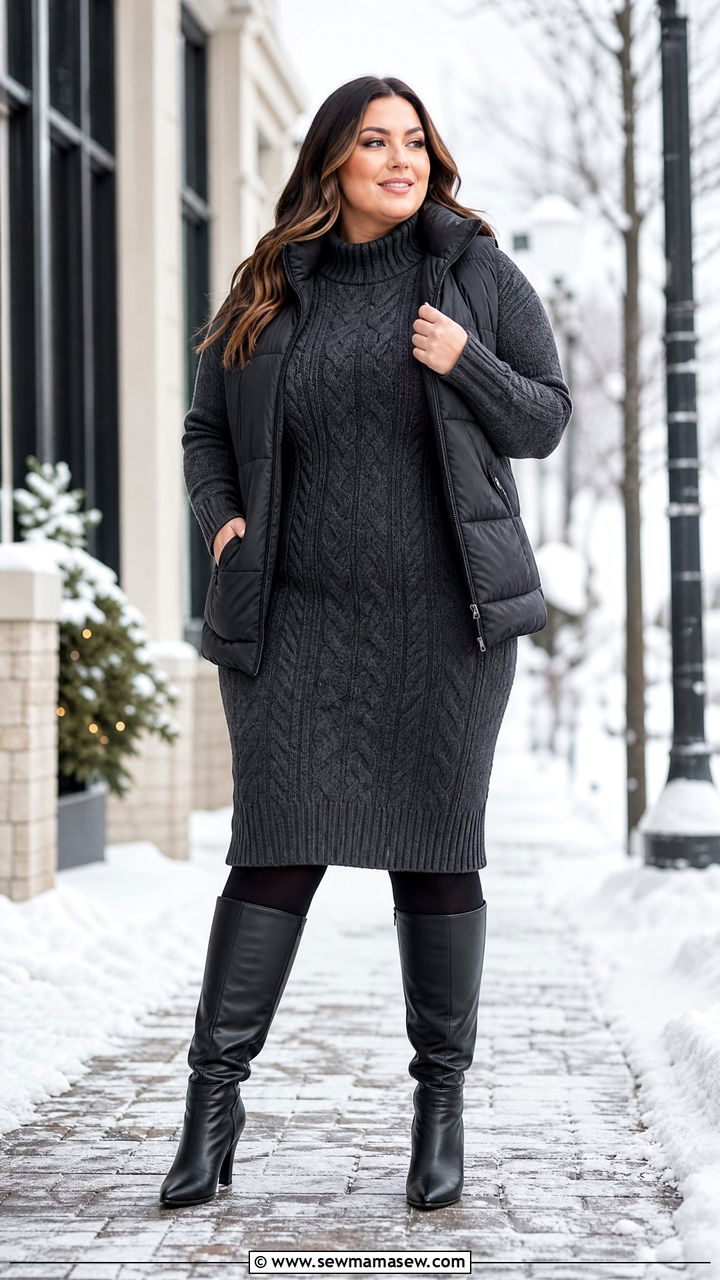 Cable Knit Sweater Dress with Knee High Boots Plus Size - 30 Modest outfit ideas plus size