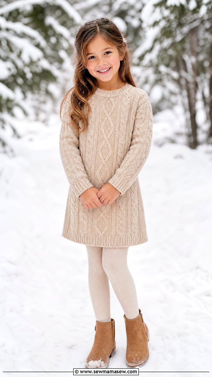 Cable Knit Sweater Dress with Tights and Boots Outfit - 30 Kids family photo outfits