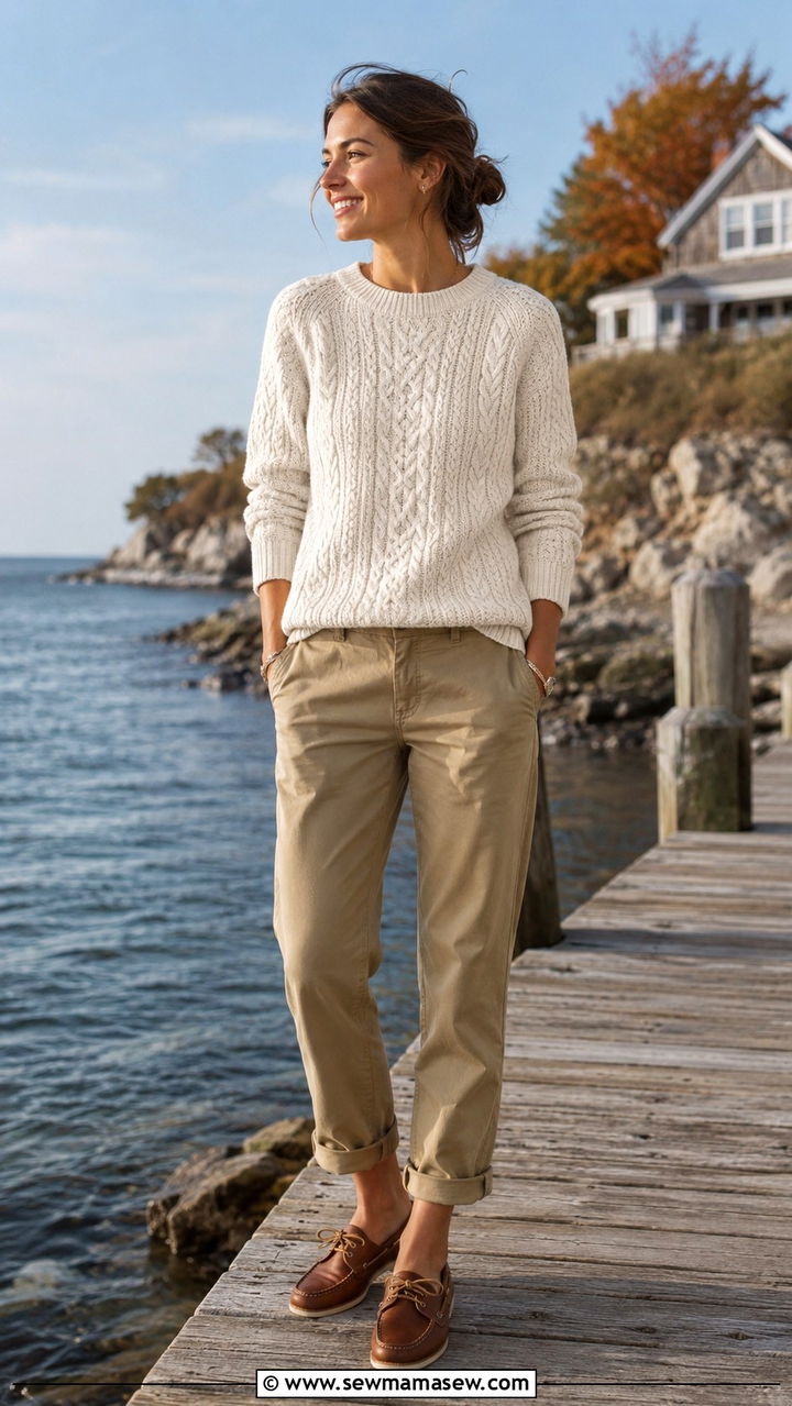 Cable Knit Sweater Khaki Trousers Boat Shoes - 30 classy 90s outfit ideas