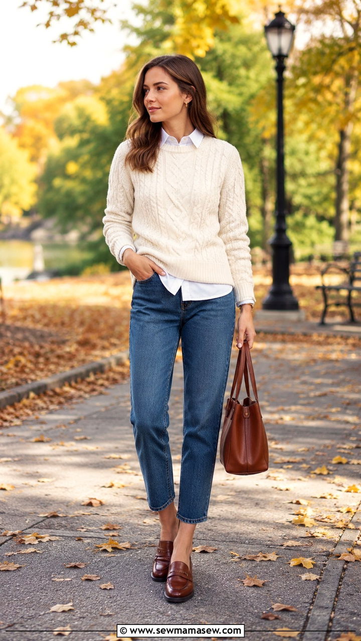 Cable Knit Sweater Layered Over Oxford Shirt With Cropped Jeans - 30 casual preppy outfits