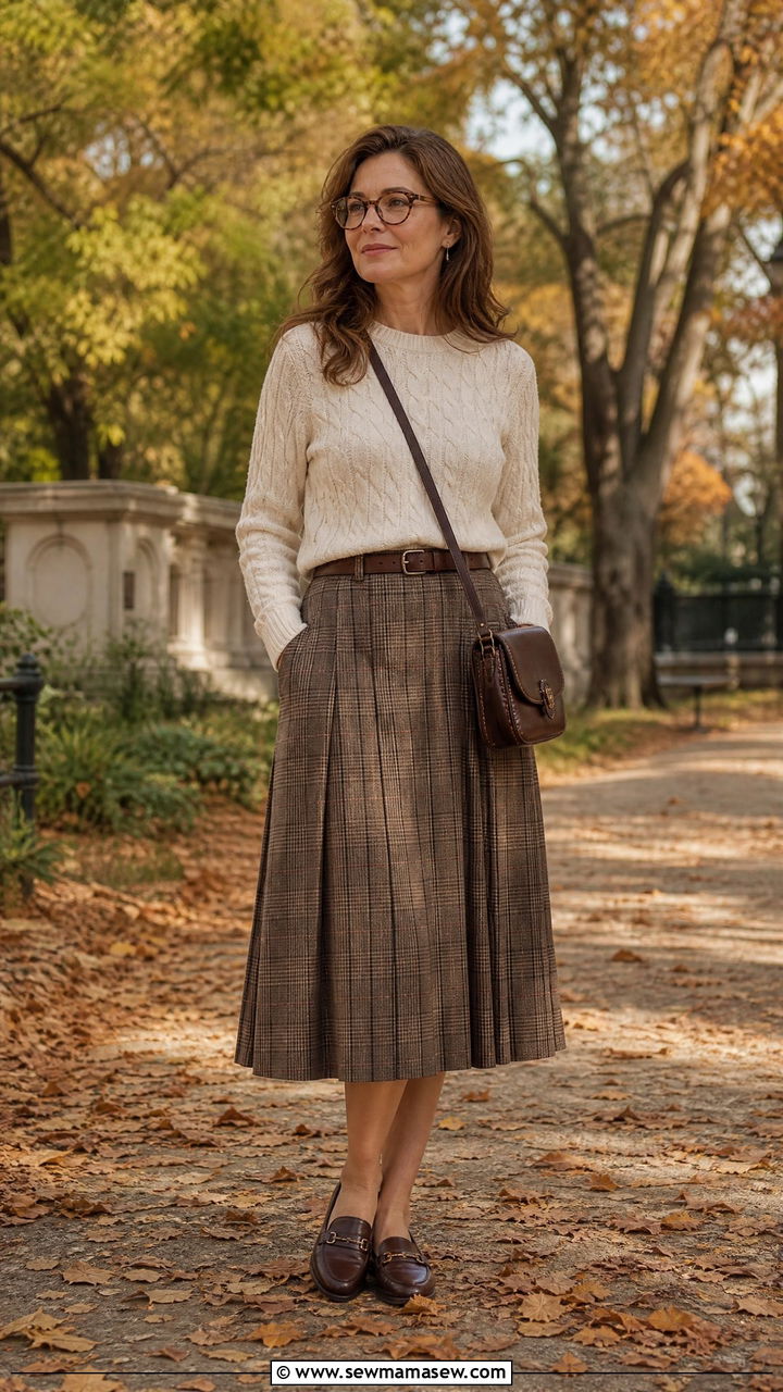 Cable Knit Sweater Outfit with Plaid Midi Skirt and Loafers - 25 light academia outfit ideas for women over 40